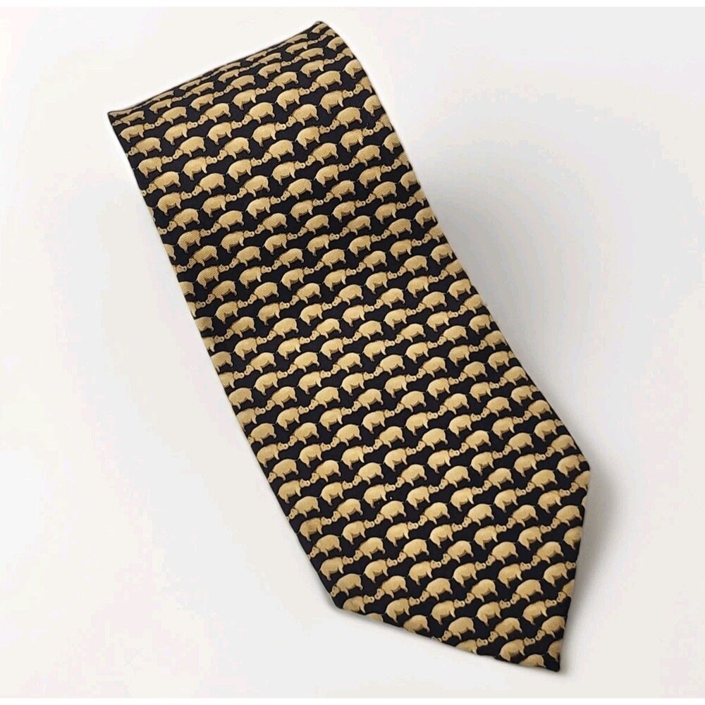 Vintage Banana Republic Silk Classic Neck Tie Italy Black Gold Hippo Novelty 56"